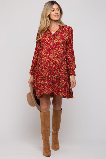 Red Leaf Print Long Sleeve Maternity Dress