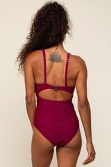 Plum Ruched Sides Front Cutout One Piece Swimsuit