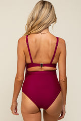 Plum Ruched Sides Front Cutout Maternity One Piece Swimsuit