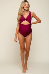 Plum Ruched Sides Front Cutout Maternity One Piece Swimsuit