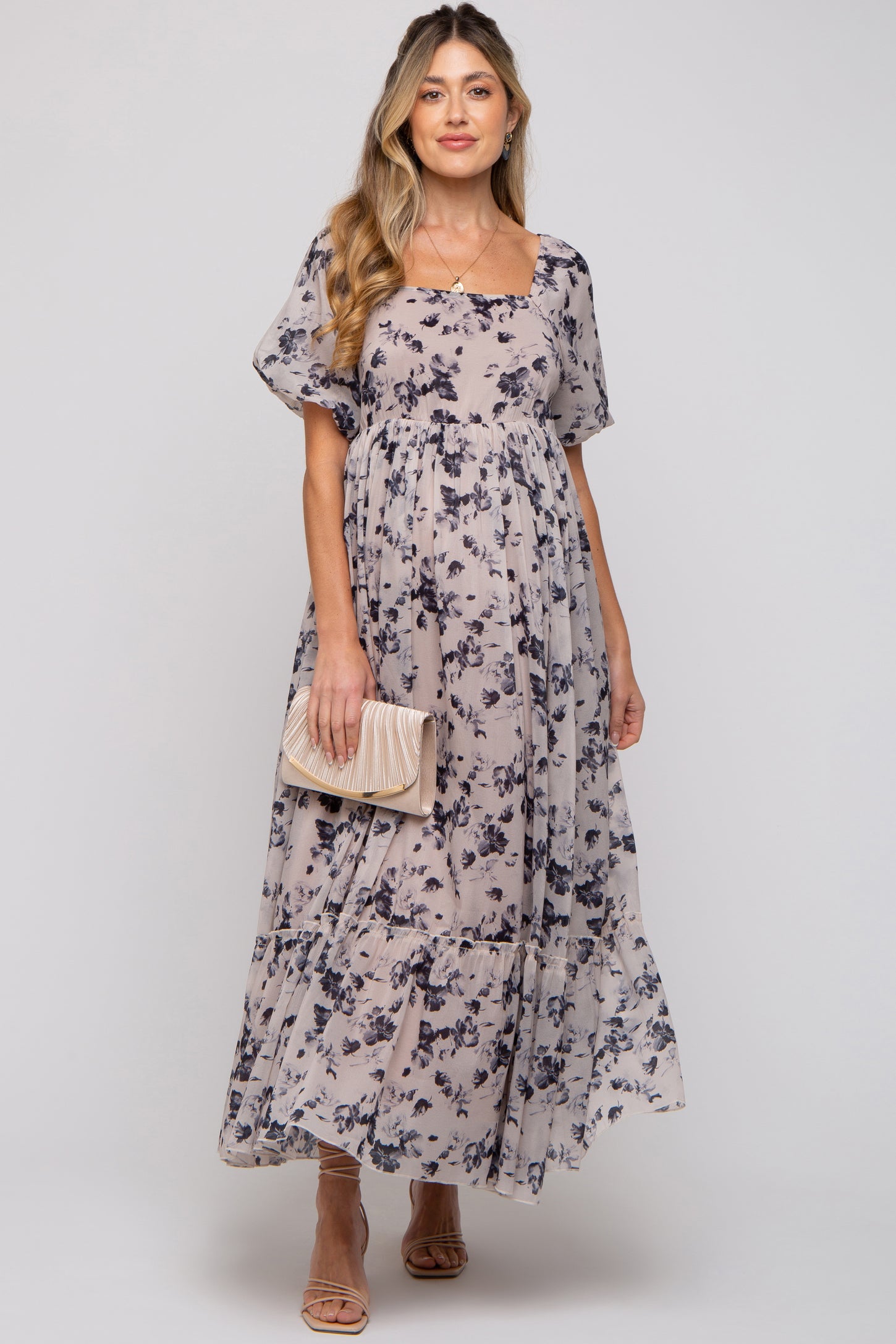 Navy Blue Floral Square Neck Short Puff Sleeve Maternity Maxi Dress