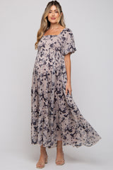Navy Blue Floral Square Neck Short Puff Sleeve Maternity Maxi Dress