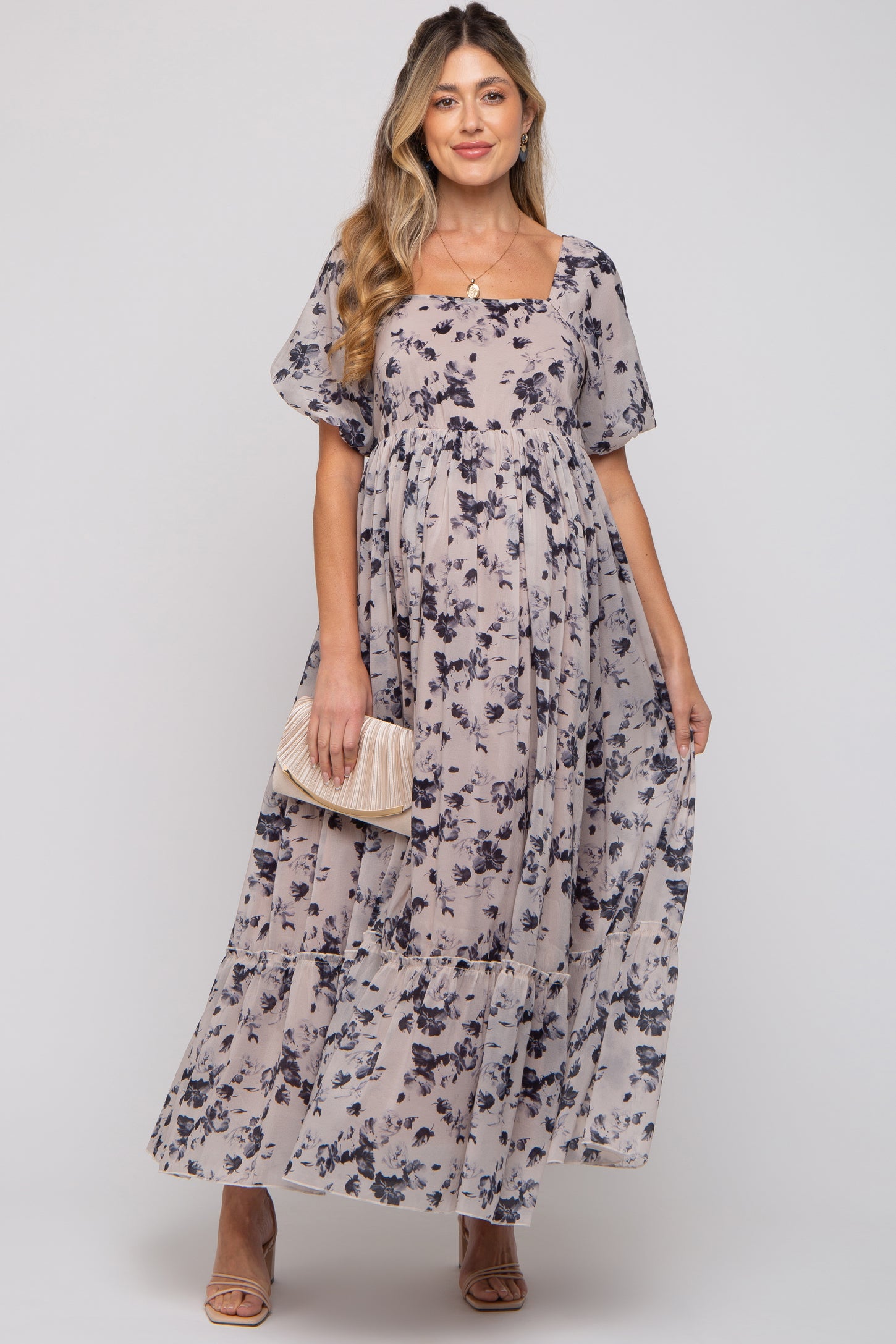 Navy Blue Floral Square Neck Short Puff Sleeve Maternity Maxi Dress