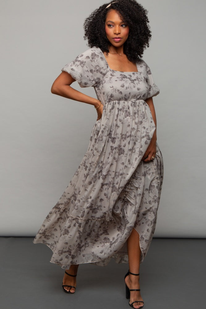 Grey Floral Square Neck Short Puff Sleeve Maxi Dress – PinkBlush