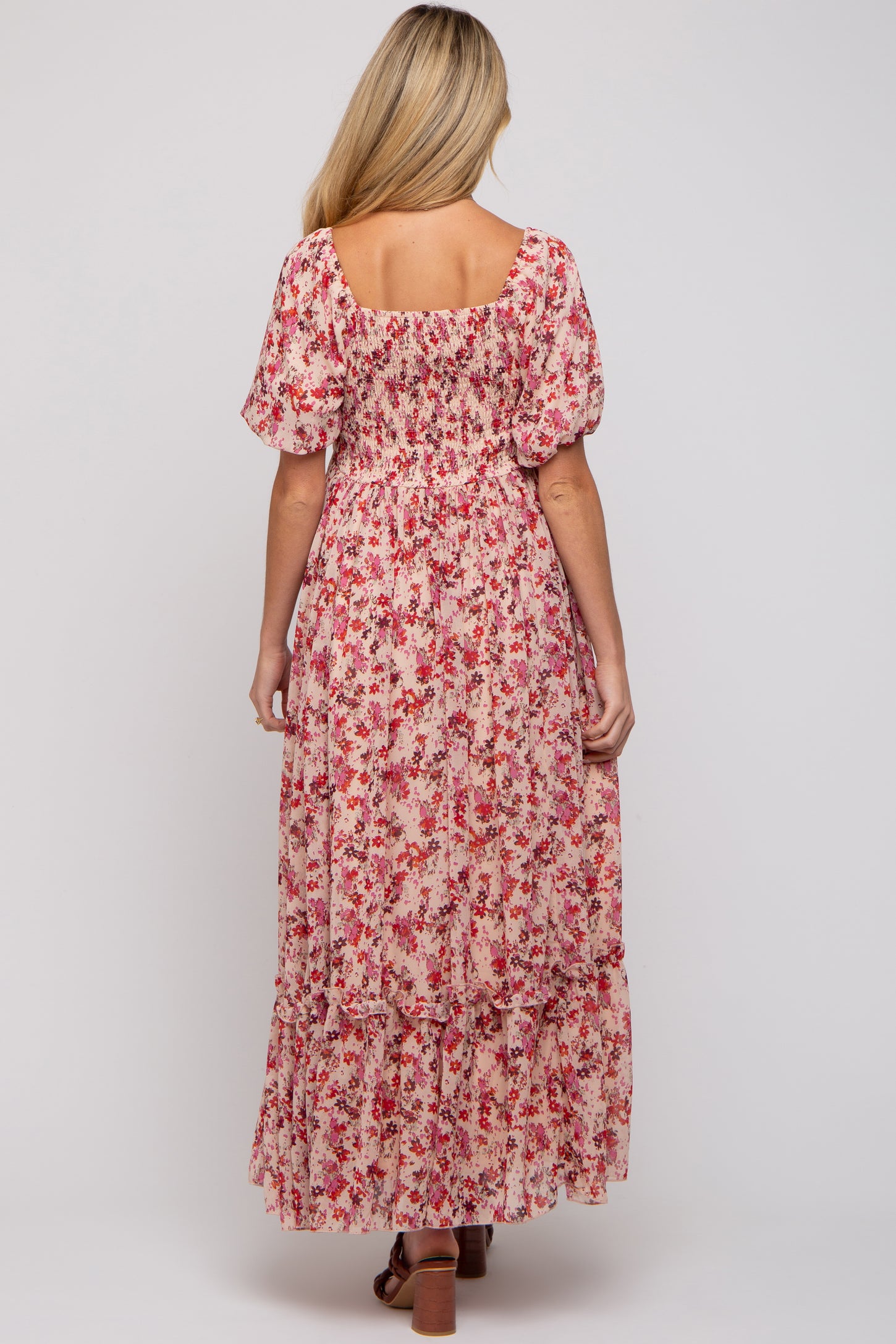 Pink Floral Puff Sleeve Maternity Maxi Dress PinkBlush
