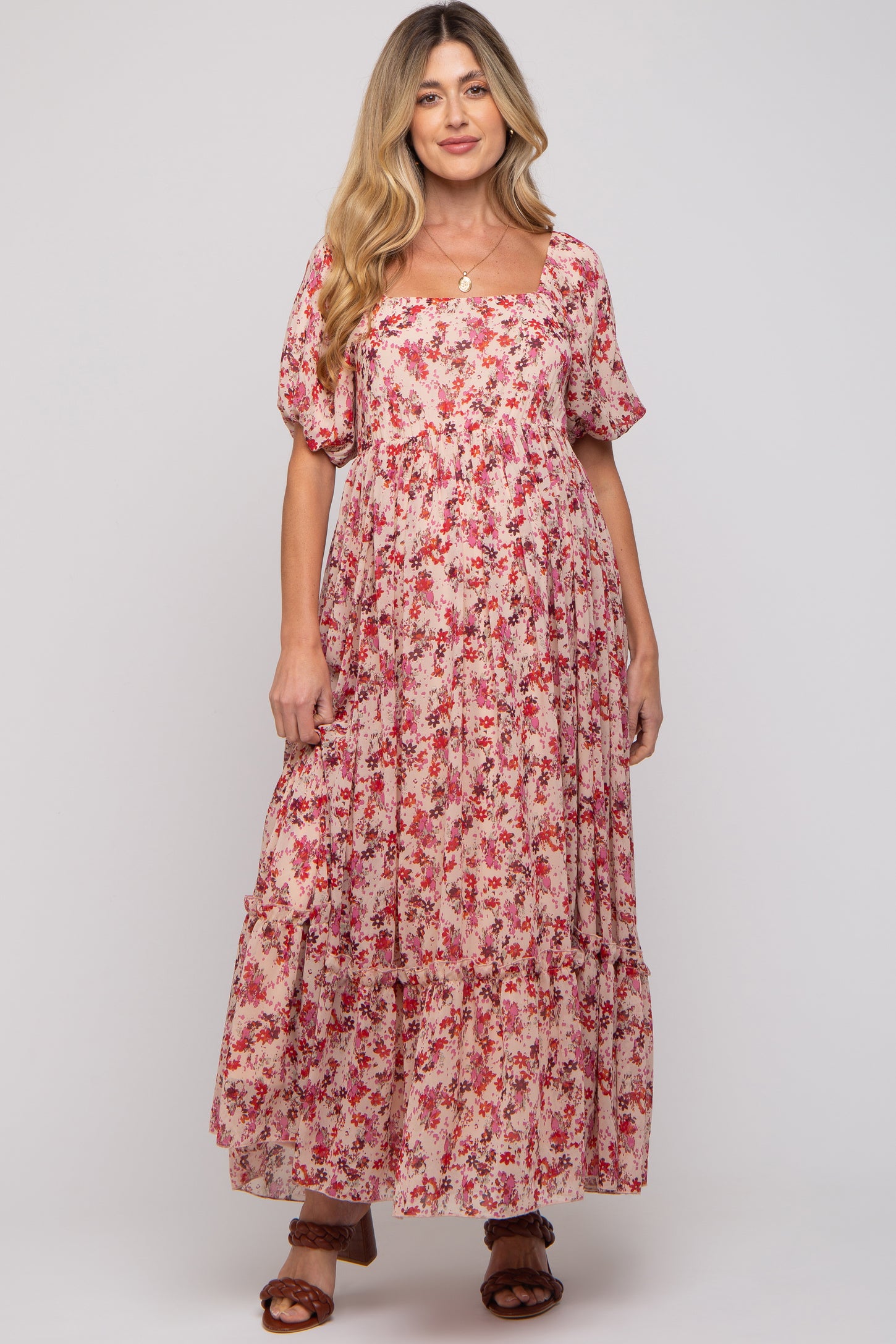Pink Floral Puff Sleeve Maternity Maxi Dress PinkBlush