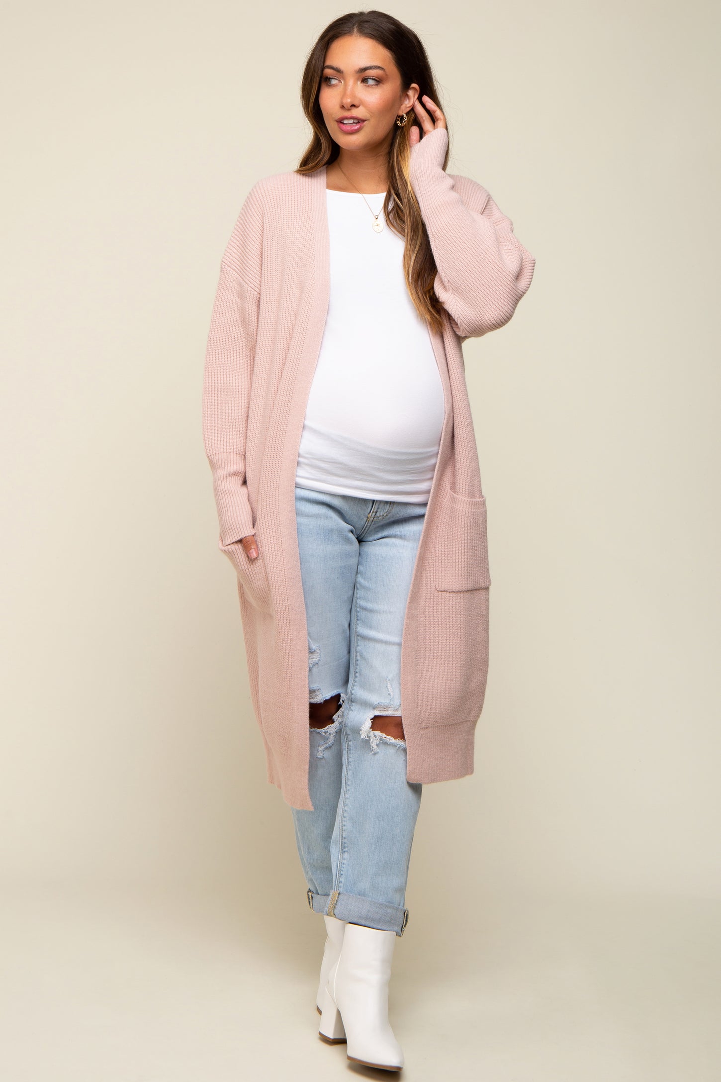 Light Pink Chunky Knit Long Sweater Maternity Cardigan – PinkBlush