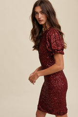 Burgundy Sequin Fitted Mini Dress