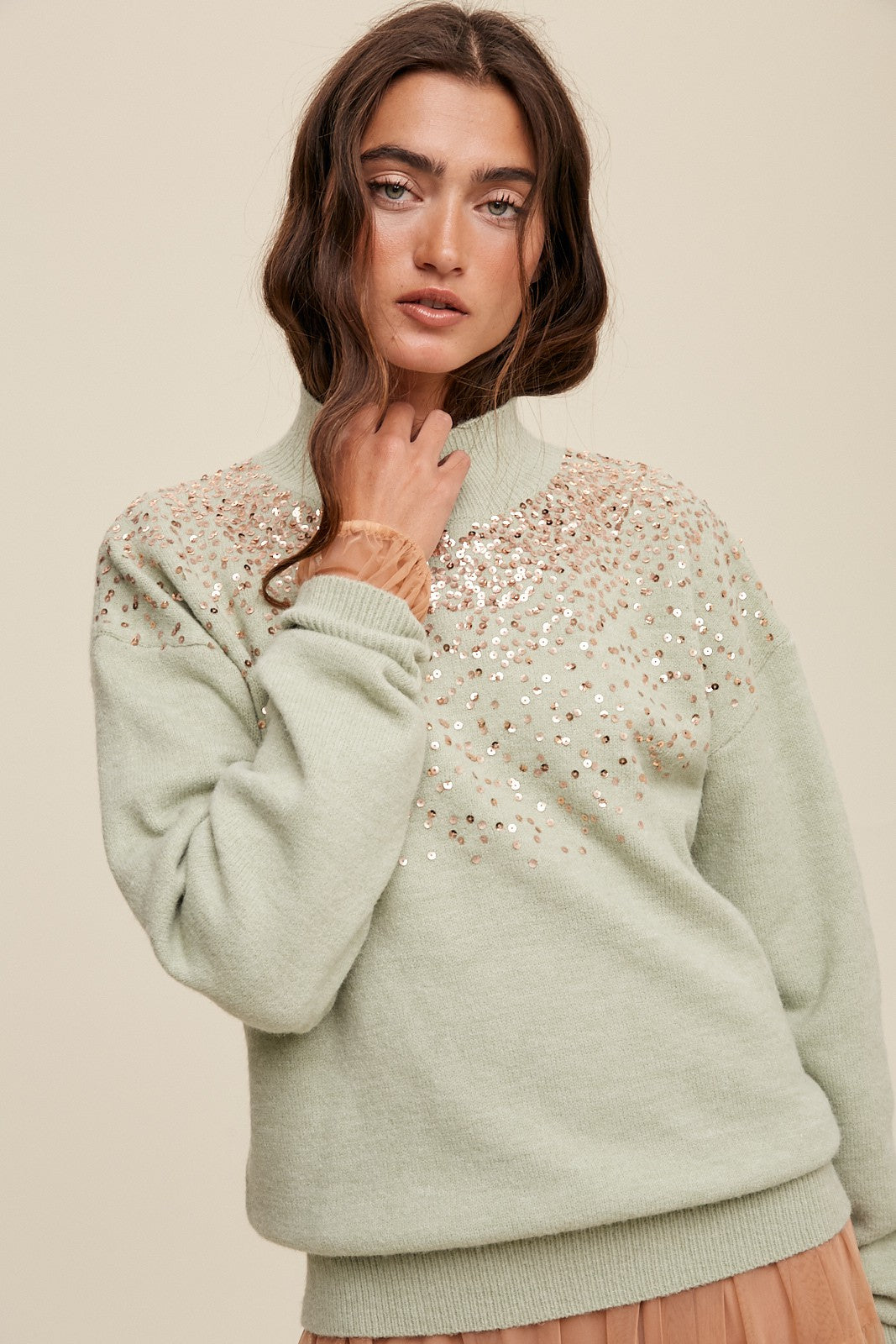 Mint Sequin Knit Mock Neck Sweater – PinkBlush - Main Image
