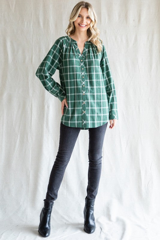 Green Plaid Button Down Long Sleeve Top