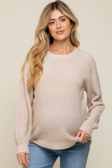 Beige Waffle Knit Round Hem Maternity Sweater