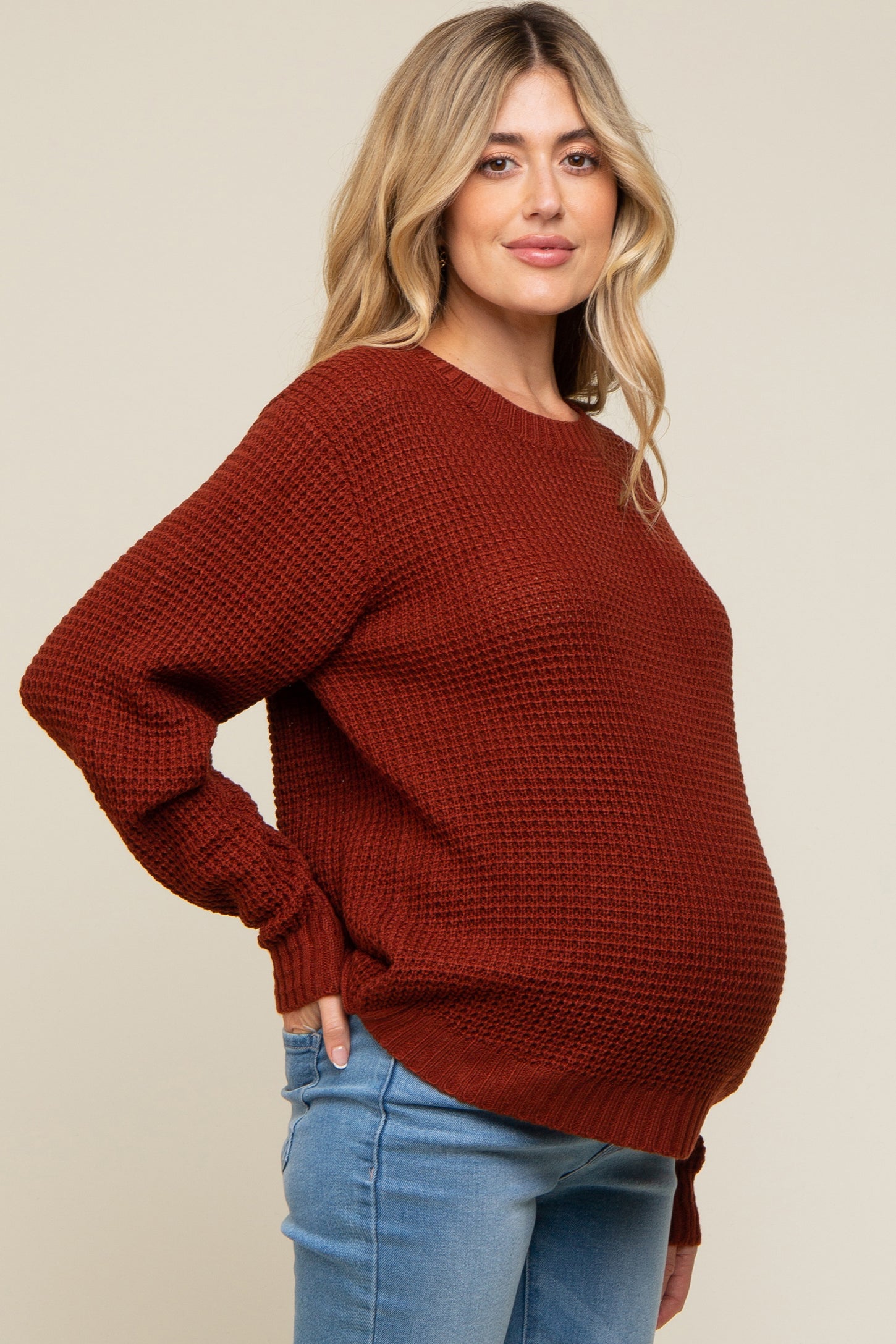Rust Waffle Knit Round Hem Maternity Sweater