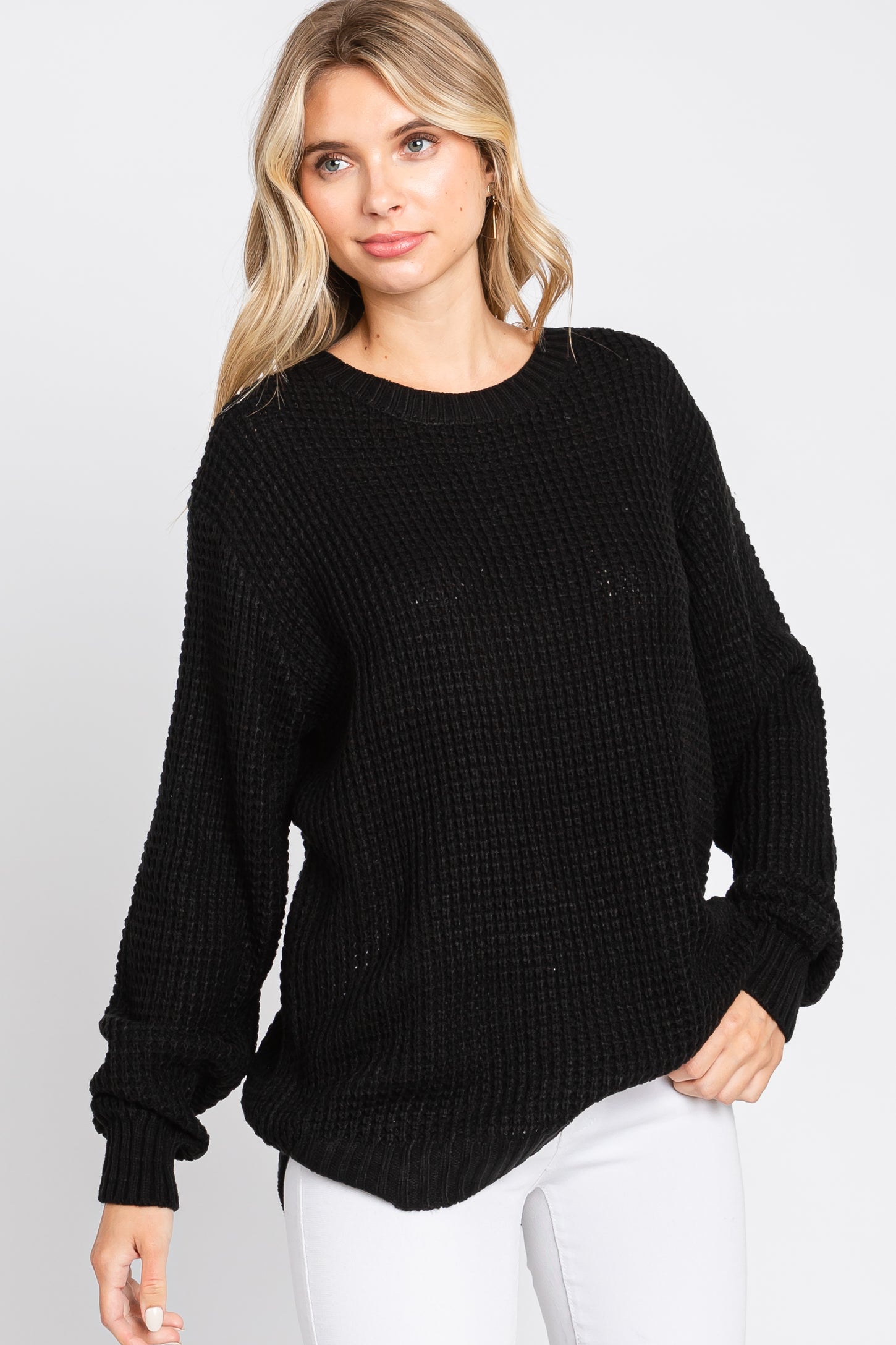 Black Waffle Knit Round Hem Sweater