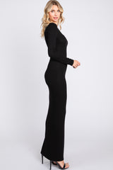 Black Ribbed Long Sleeve Square Neck Maxi Dress