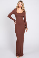 Brown Ribbed Long Sleeve Square Neck Maxi Dress