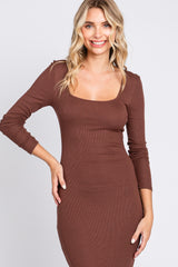 Brown Ribbed Long Sleeve Square Neck Maxi Dress