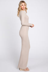 Taupe Ribbed Long Sleeve Square Neck Maxi Dress