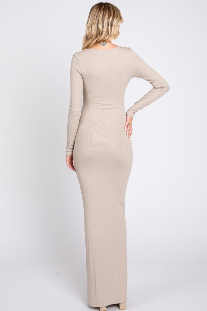 Taupe Ribbed Long Sleeve Square Neck Maxi Dress