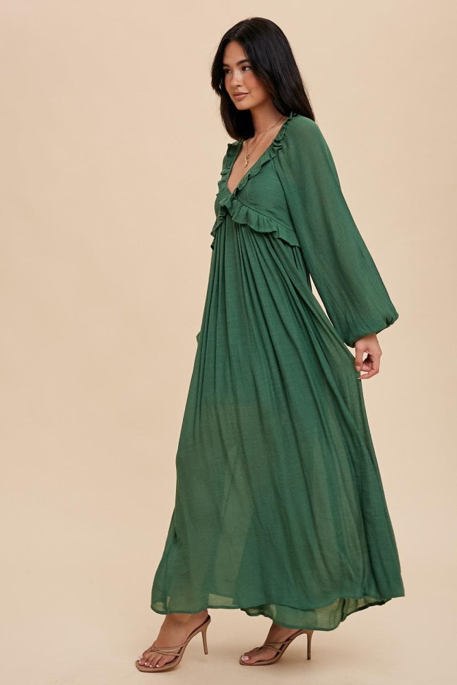 Hunter Green Long Sleeve Ruffle Accent Maxi Dress PinkBlush Hunter Green Long Sleeve Ruffle Accent Maxi Dress PinkBlush