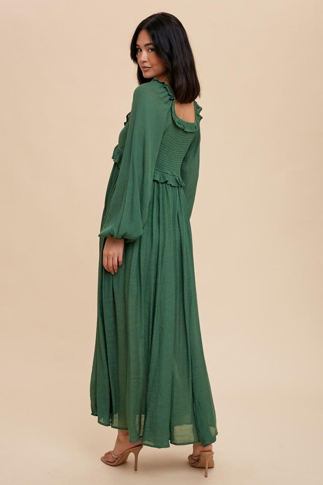 Hunter Green Long Sleeve Ruffle Accent Maxi Dress PinkBlush Hunter Green Long Sleeve Ruffle Accent Maxi Dress PinkBlush