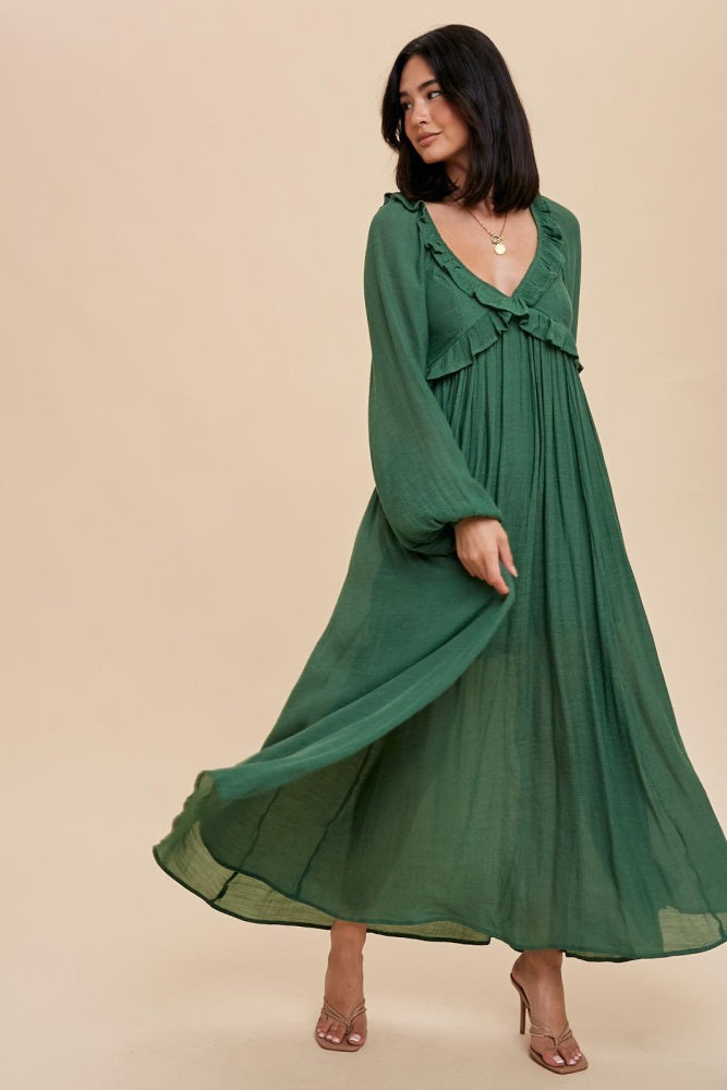 Hunter Green Long Sleeve Ruffle Accent Maxi Dress PinkBlush Hunter Green Long Sleeve Ruffle Accent Maxi Dress PinkBlush