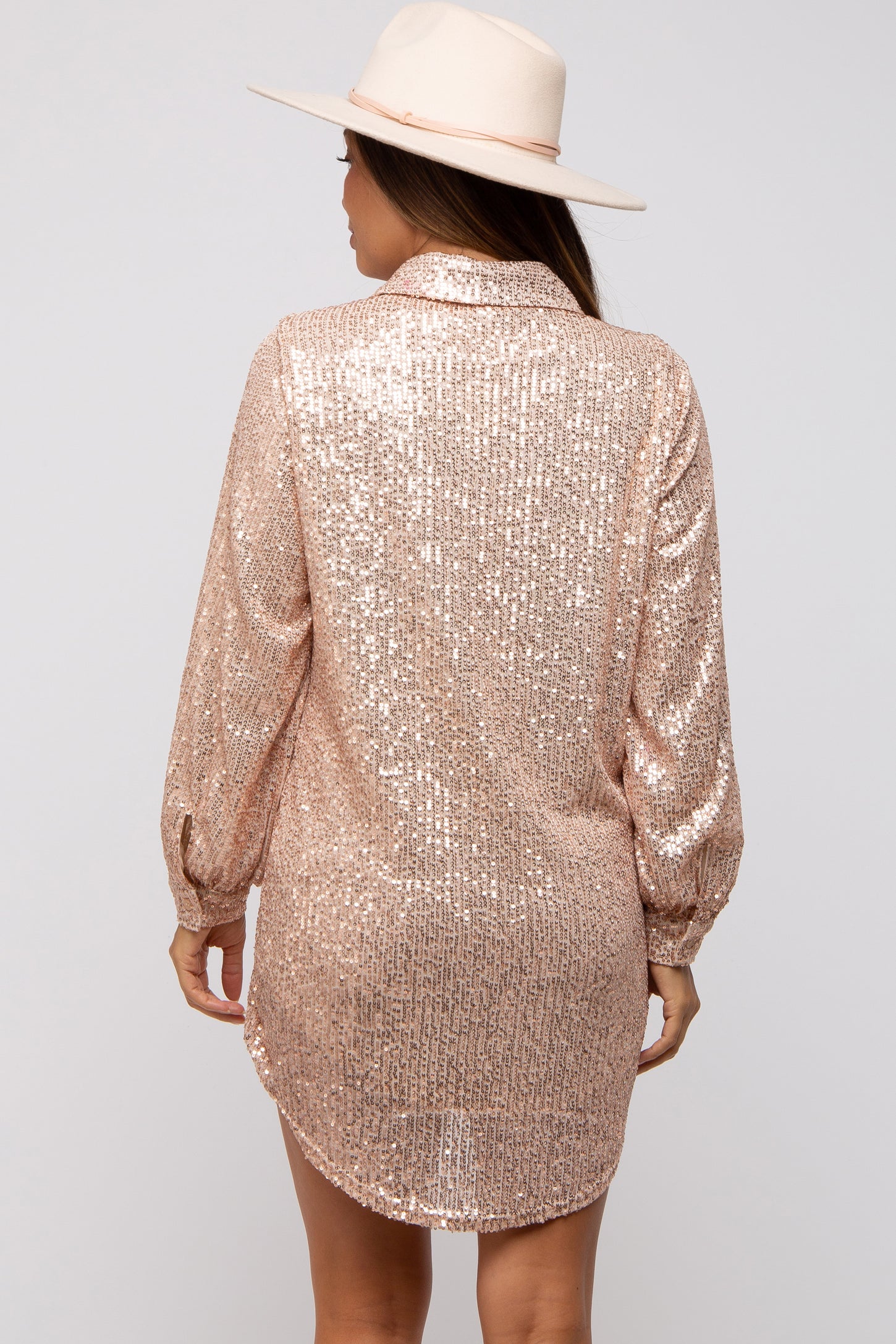 Beige Sequin Long Sleeve Maternity Shirt Dress PinkBlush Beige Sequin Long Sleeve Maternity Shirt Dress PinkBlush