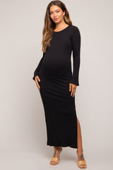 Black Ribbed Side Slit Maternity Maxi Dress