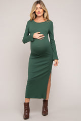 Forest Green Ribbed Side Slit Maternity Maxi Dress