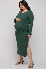 Forest Green Ribbed Side Slit Maternity Plus Maxi Dress