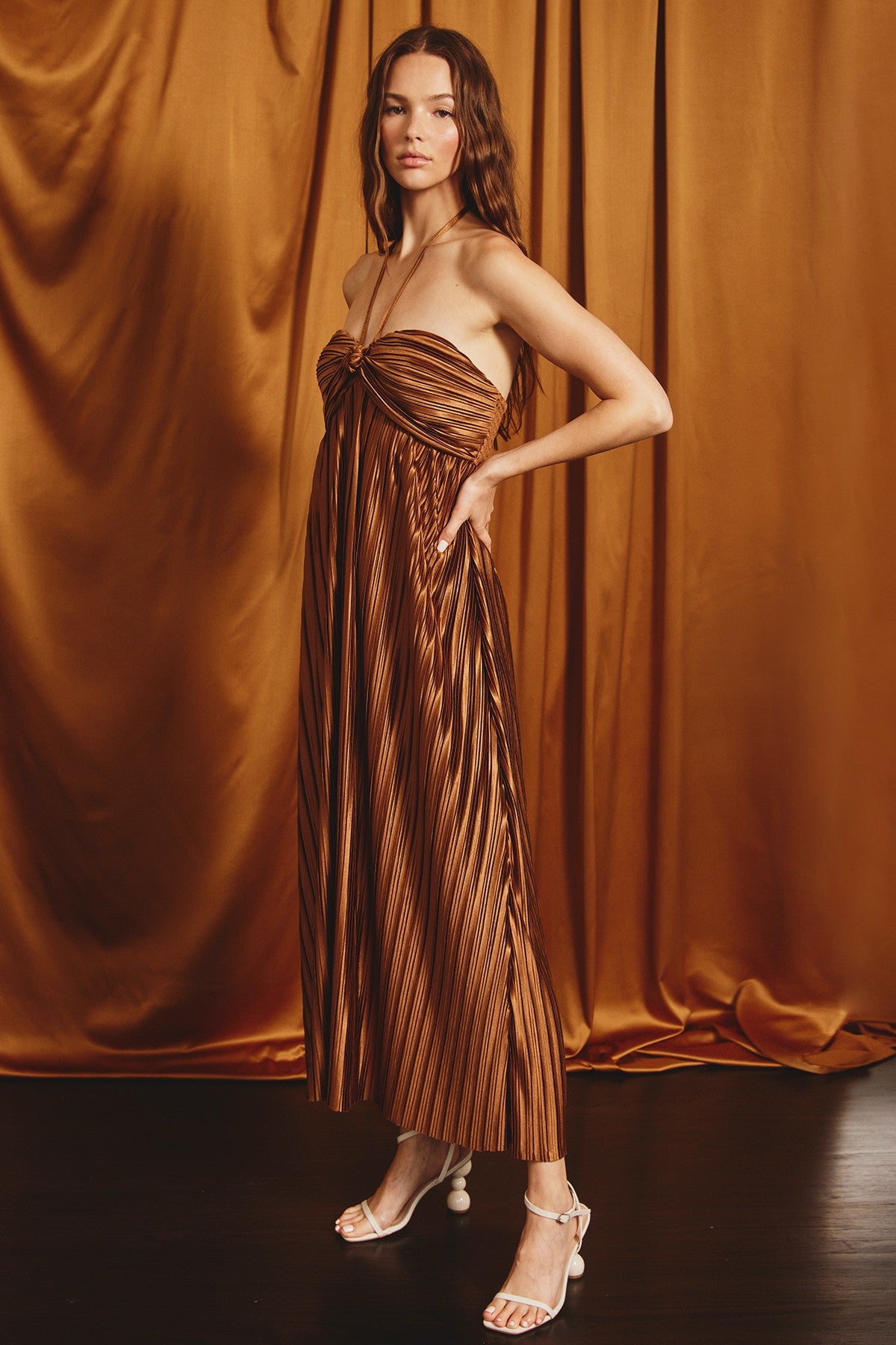 Brown Pleated Halter Maxi Dress Brown Pleated Halter Maxi Dress