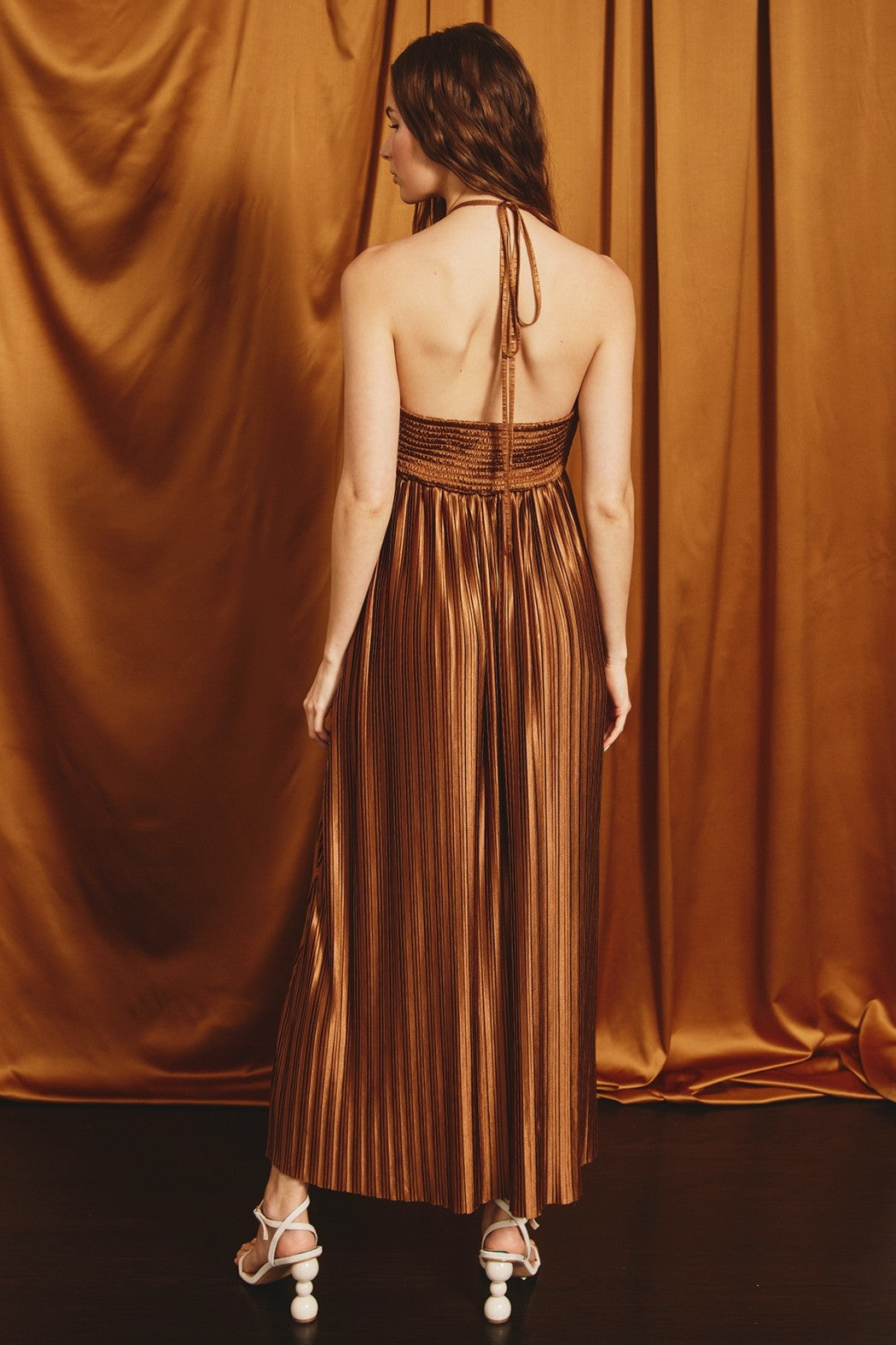 Brown Pleated Halter Maxi Dress PinkBlush Brown Pleated Halter Maxi Dress PinkBlush