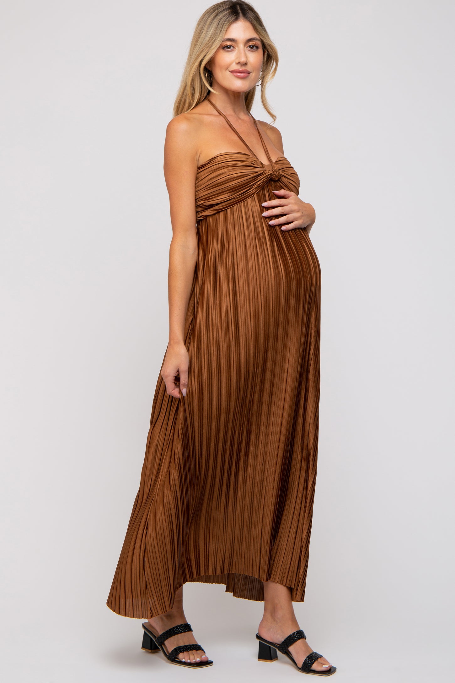 Brown Pleated Halter Maternity Maxi Dress – PinkBlush