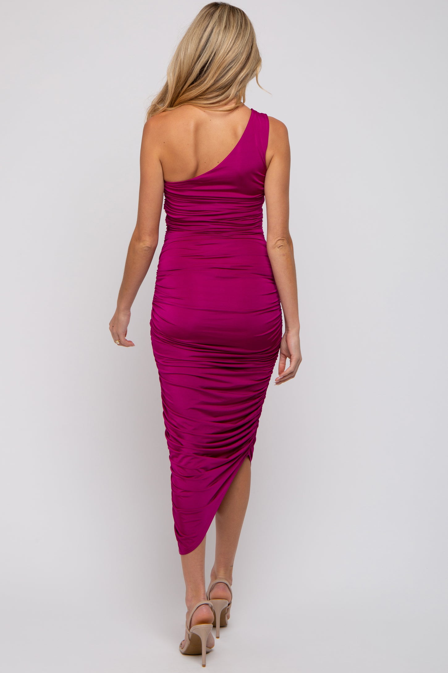 Magenta Ruched Asymmetrical Maternity Maxi Dress PinkBlush Magenta Ruched Asymmetrical Maternity Maxi Dress PinkBlush