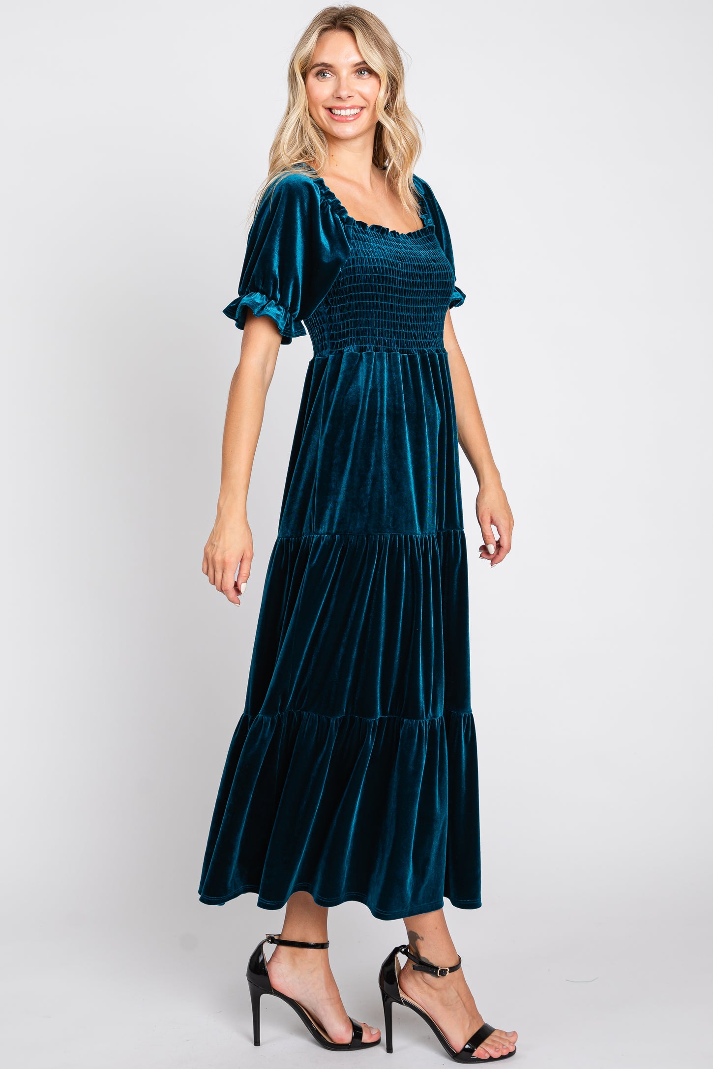 Teal Velvet Tiered Midi Dress PinkBlush
