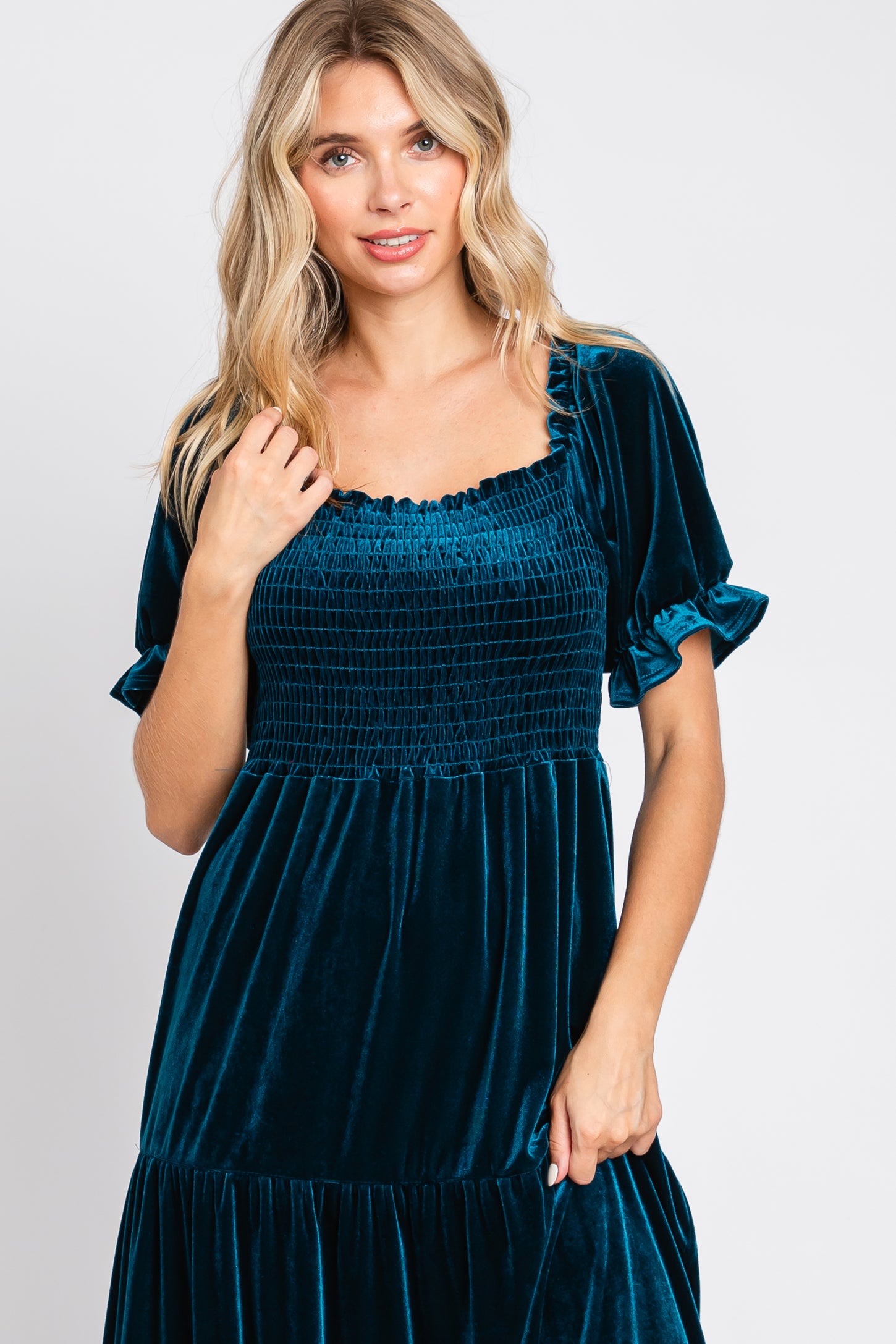 Teal Velvet Tiered Midi Dress PinkBlush