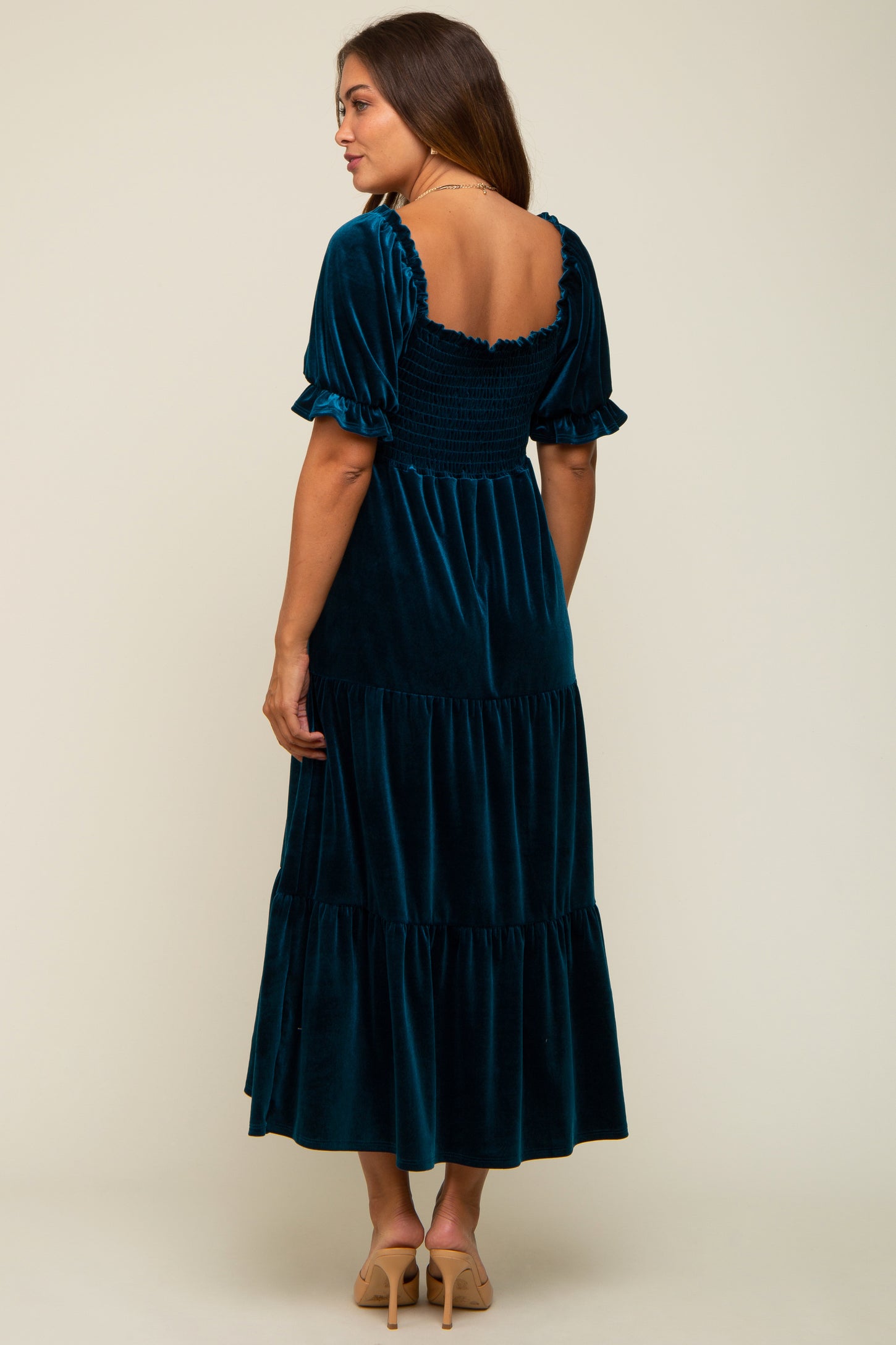 Teal Velvet Tiered Maternity Midi Dress PinkBlush