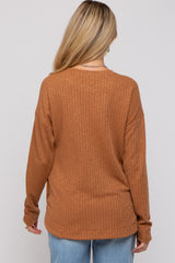 Camel Ribbed Round Hem Button Maternity Top