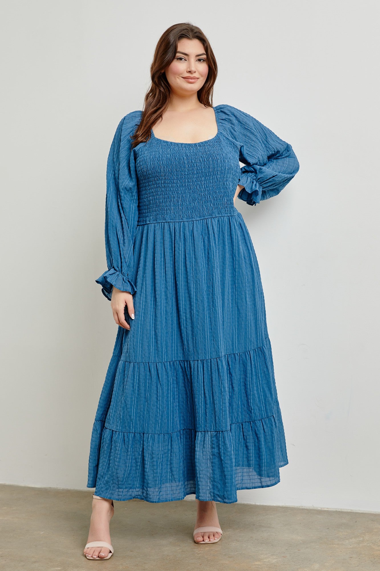 clo puff sleeve midi dress blue stripe Blue Textured Stripe Smocked Square Neck Plus Midi Dress – PinkBlush