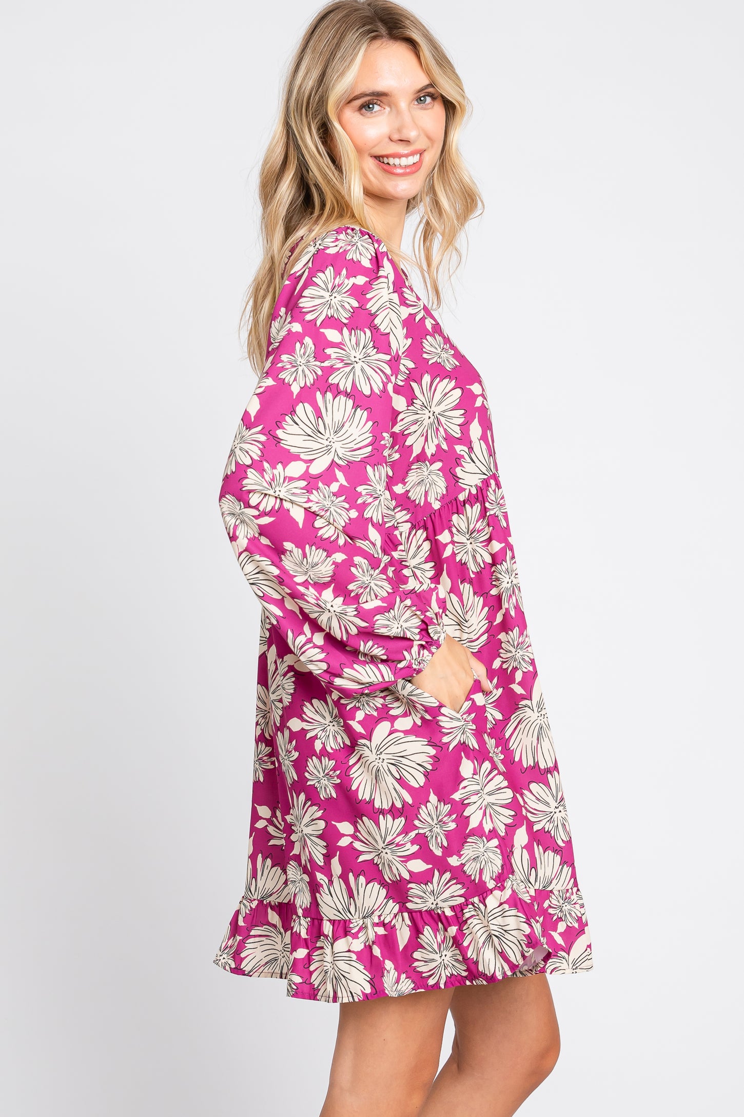 Magenta Floral V-Neck Long Sleeve Dress