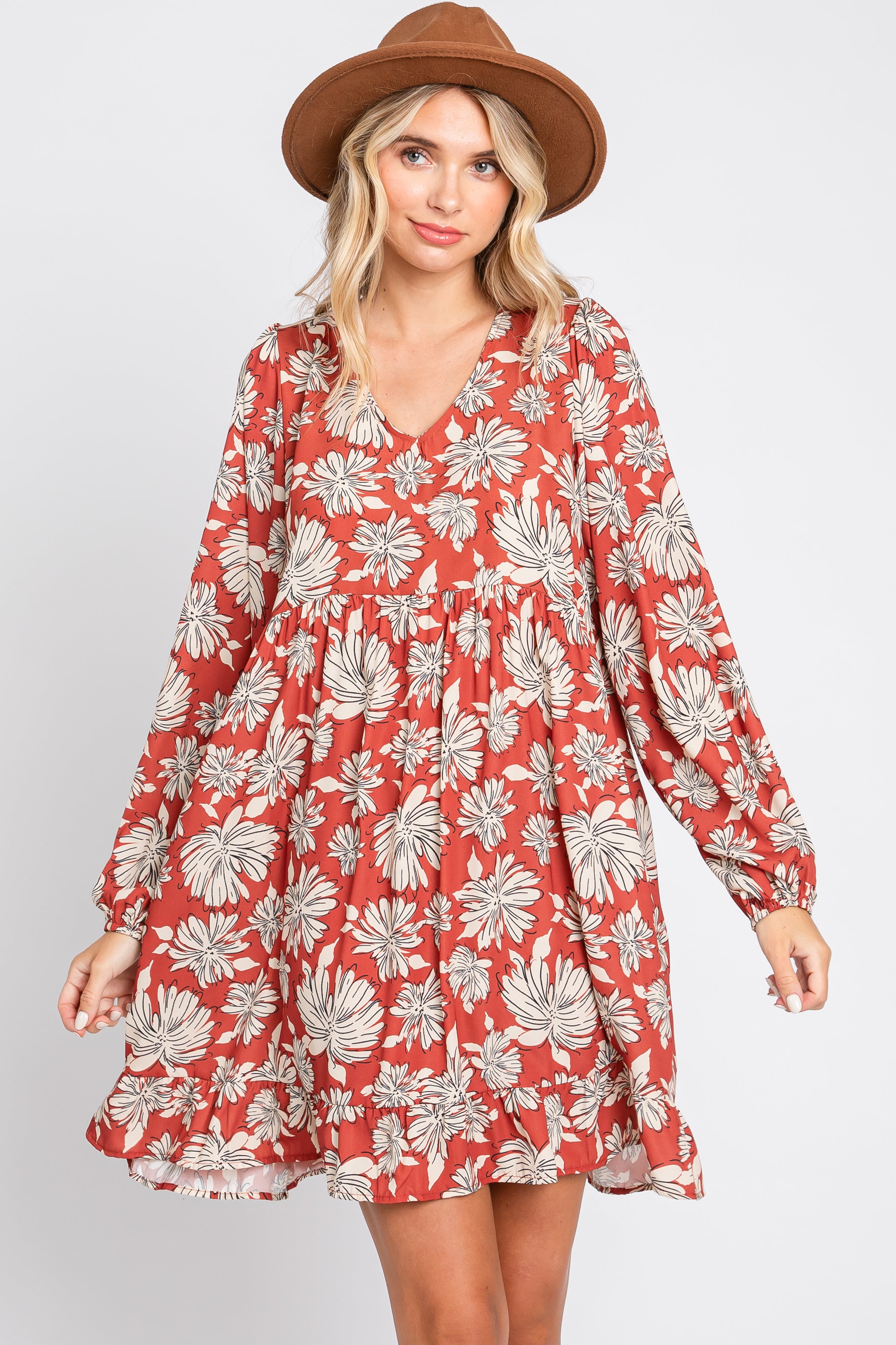 Rust Floral V-Neck Long Sleeve Maternity Dress Small