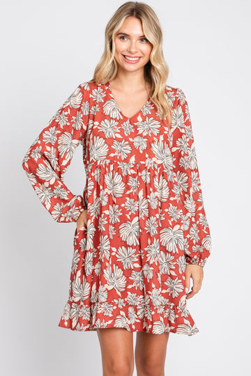 Rust Floral V-Neck Long Sleeve Dress