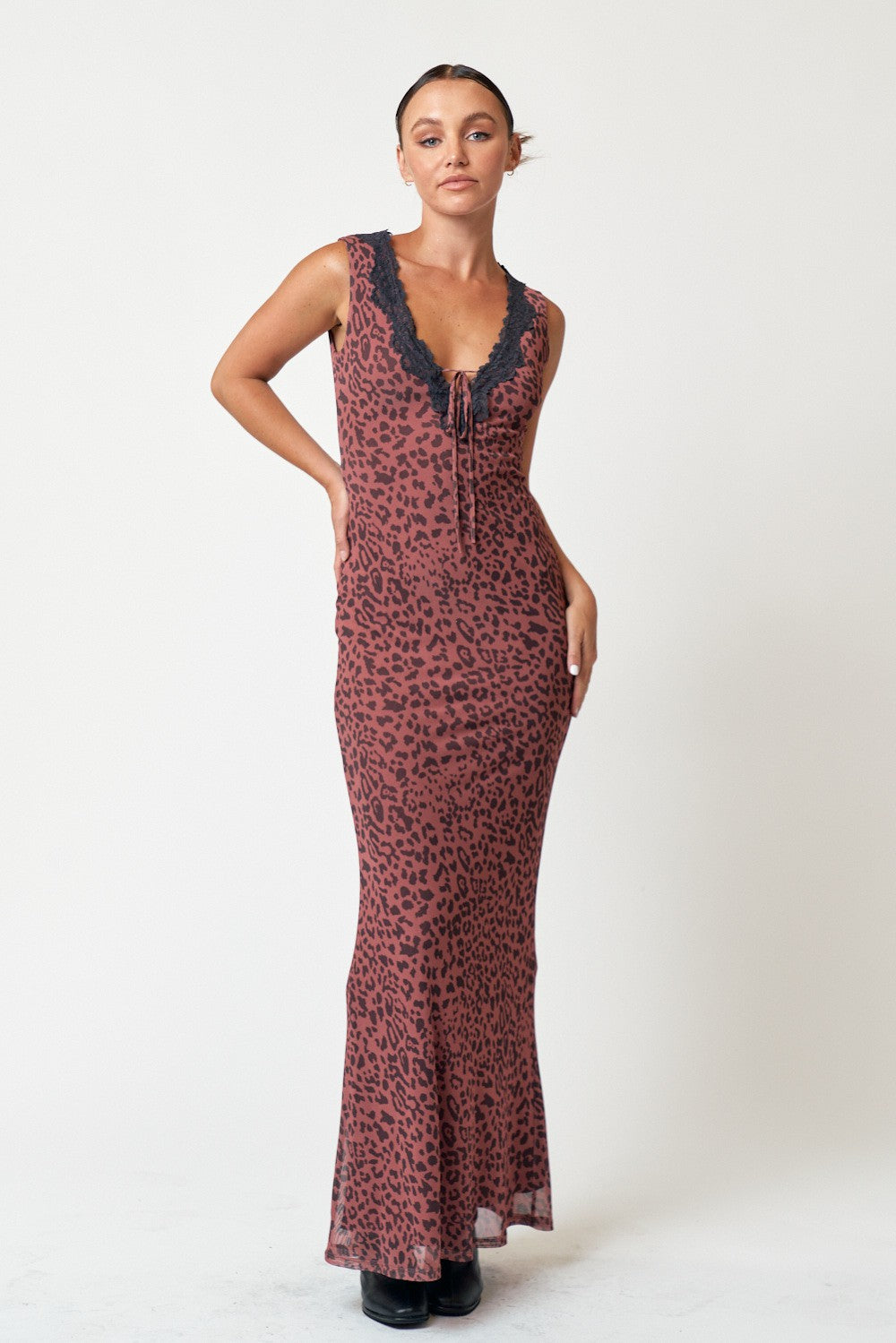 Brown Animal Print Mesh Overlay Maxi Dress– PinkBlush