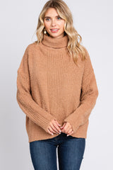 Camel Ribbed Boucle Knit Turtleneck Maternity Sweater