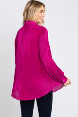 Magenta Plisse Button Up Long Sleeve Top