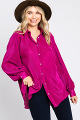 Magenta Plisse Button Up Long Sleeve Top