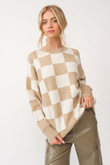 Taupe Checkered Print Sweater
