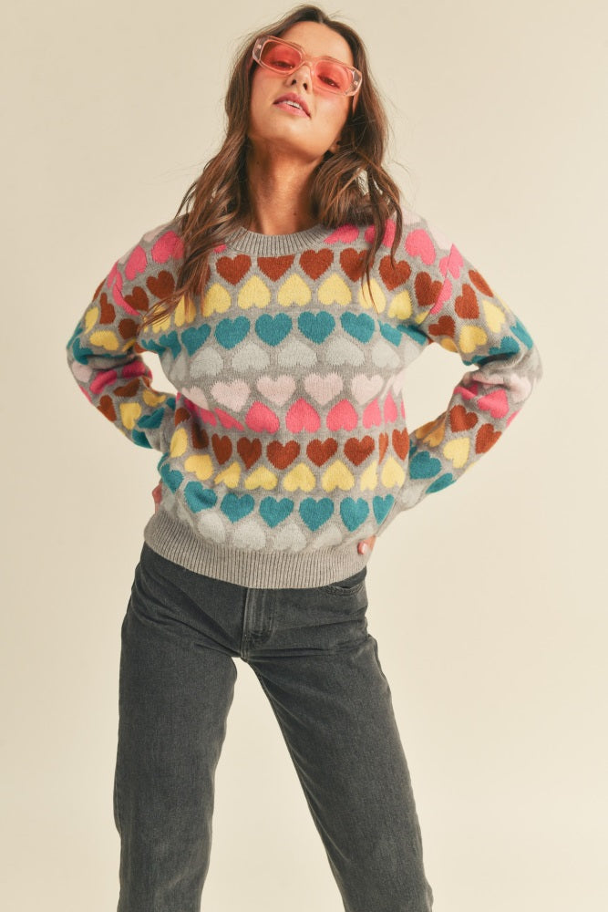 Grey Multi-Color Heart Knit Sweater