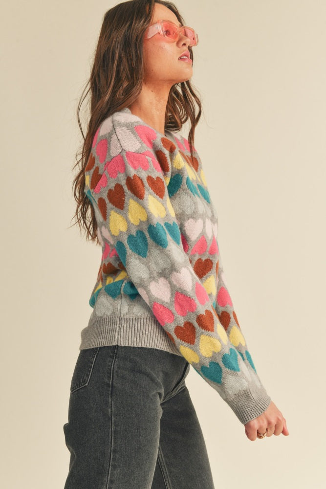 Grey Multi-Color Heart Knit Sweater