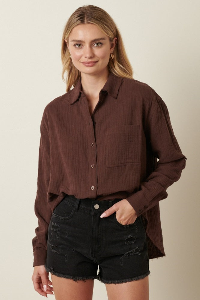 Chocolate Collared Neck Long Sleeve Top