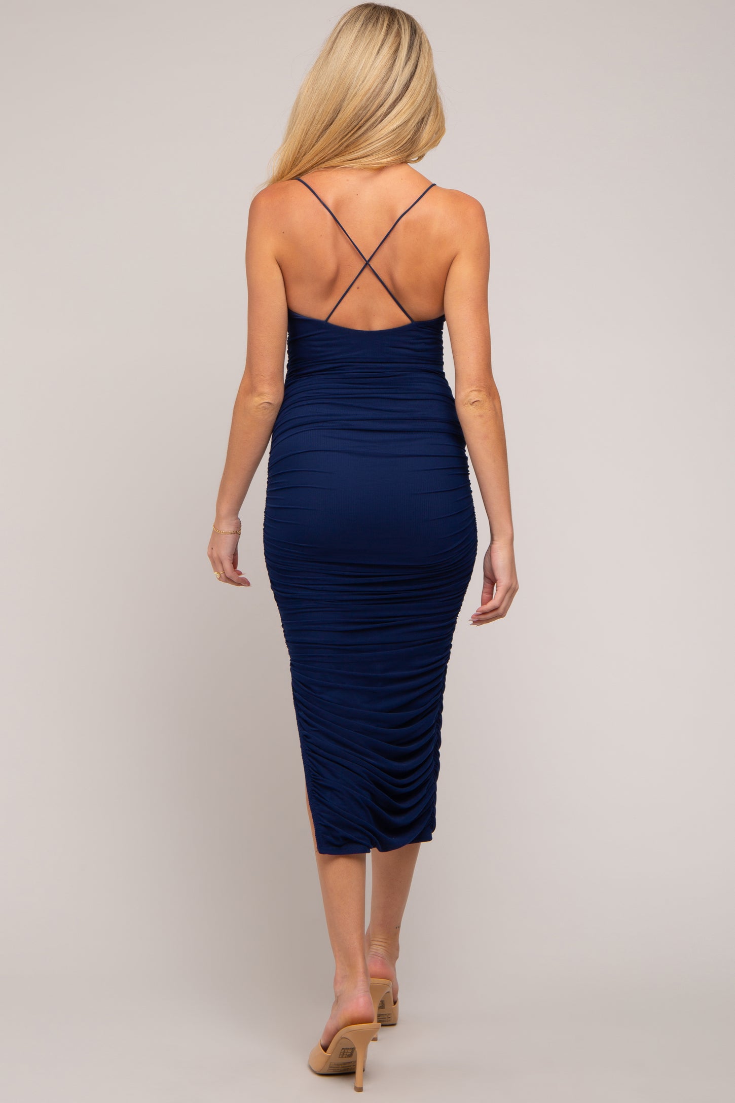 Navy Blue Mesh Ruched Maternity Side Slit Midi Dress PinkBlush Navy Blue Mesh Ruched Maternity Side Slit Midi Dress PinkBlush